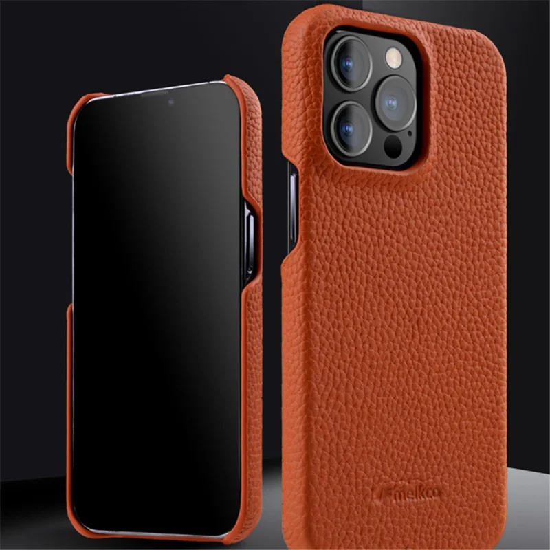 MELKCO For iPhone 13 Pro Max 6.7 inch Large Cutout Phone Case Genuine Cow Leather+PC Cover - Black