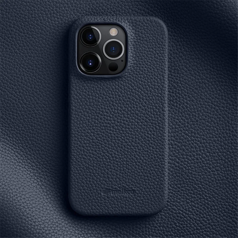 MELKCO voor iPhone 13 Pro Max 6,7 inch Grote Uitsnijding Telefoonhoes Echt Rundleer+PC Cover - Donkerblauw