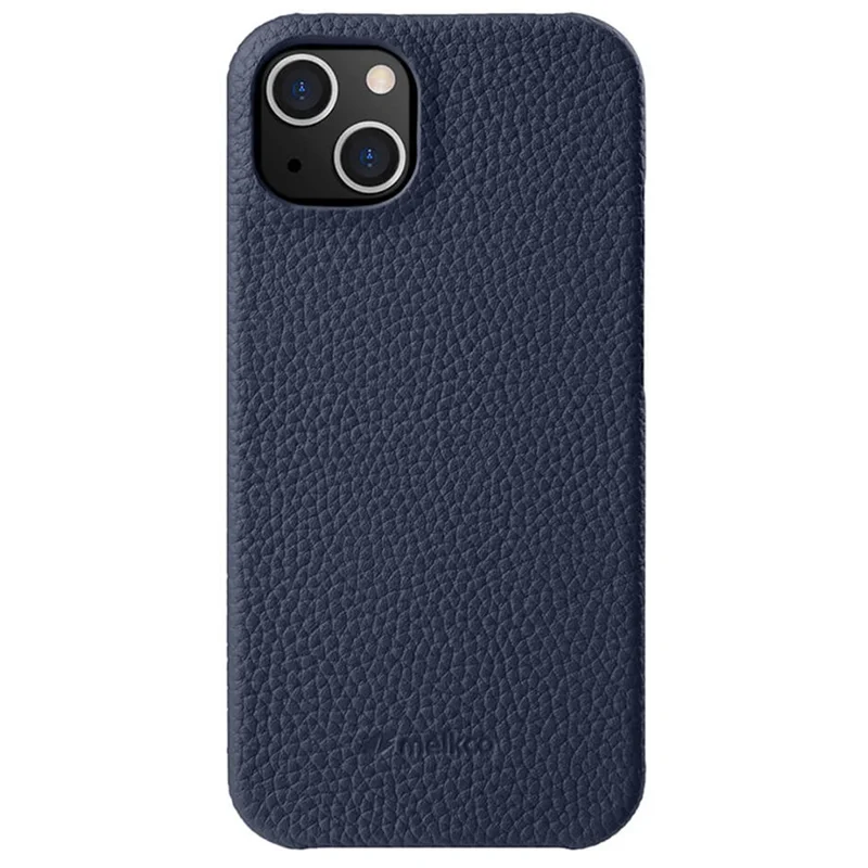 MELKCO Pour iPhone 13 6.1 pouces Étui de protection anti-chute à grande ouverture en véritable cuir de vache et PC - Bleu foncé