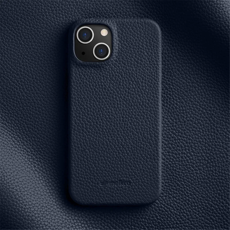 MELKCO Pour iPhone 13 6.1 pouces Étui de protection anti-chute à grande ouverture en véritable cuir de vache et PC - Bleu foncé