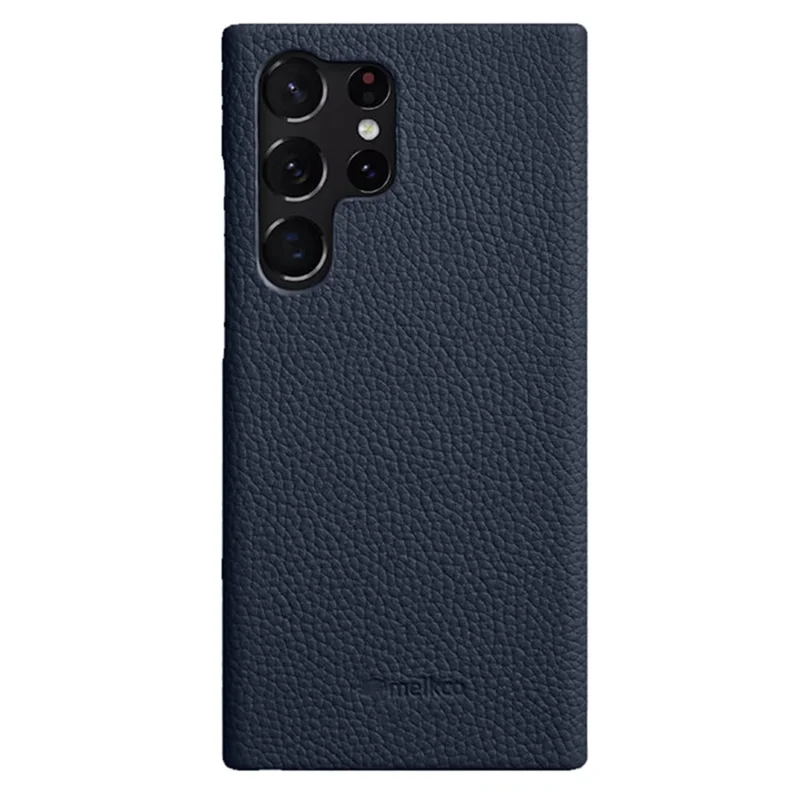 MELKCO Incomplete Cover for Samsung Galaxy S23 Ultra , Genuine Cow Leather Coated PC Phone Shell - Dark Blue