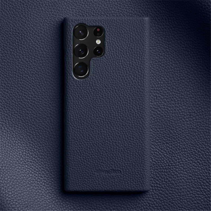 MELKCO Incomplete Cover for Samsung Galaxy S23 Ultra , Genuine Cow Leather Coated PC Phone Shell - Dark Blue