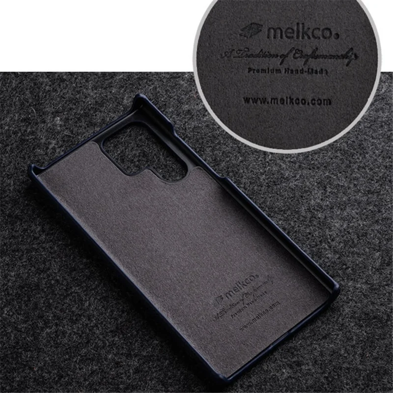 MELKCO Incomplete Cover for Samsung Galaxy S23 Ultra , Genuine Cow Leather Coated PC Phone Shell - Dark Blue