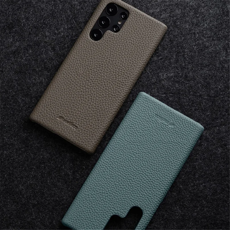 MELKCO Incomplete Cover for Samsung Galaxy S23 Ultra , Genuine Cow Leather Coated PC Phone Shell - Dark Blue