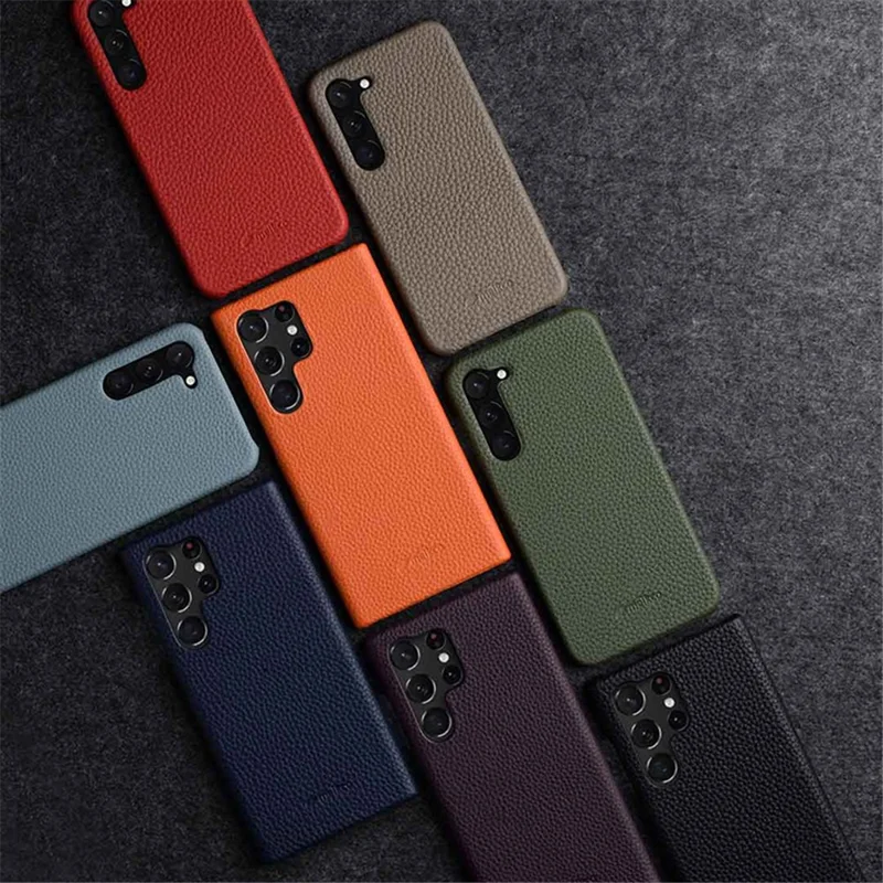 MELKCO Incomplete Cover for Samsung Galaxy S23 Ultra , Genuine Cow Leather Coated PC Phone Shell - Dark Blue