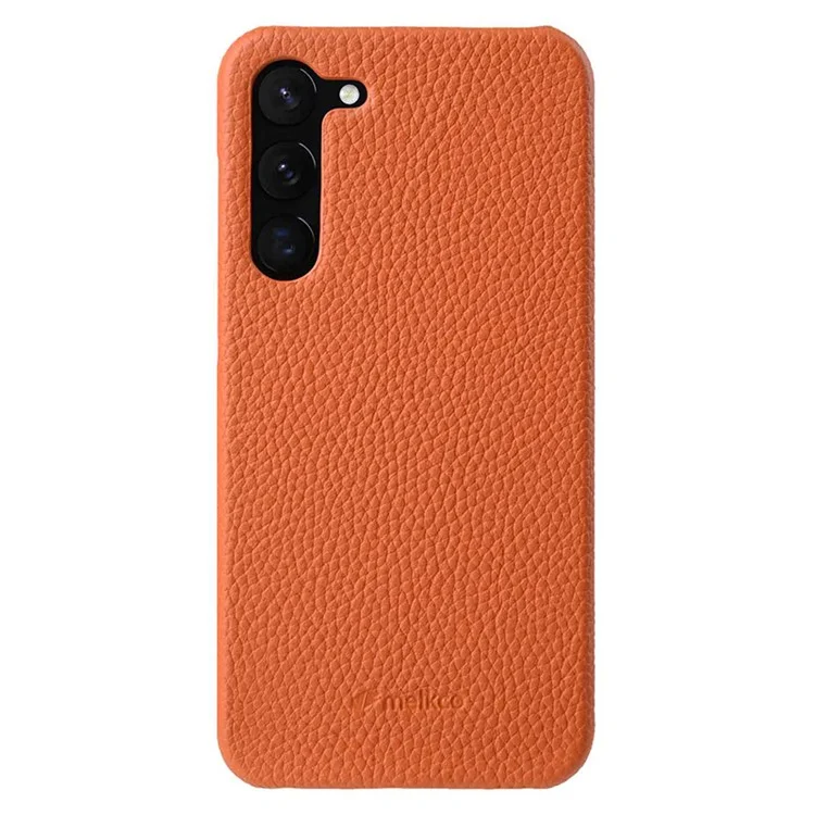 MELKCO Incomplete Cover pour Samsung Galaxy S23 Anti-drop Genuine Cow Leather Coated PC Phone Shell - Orange