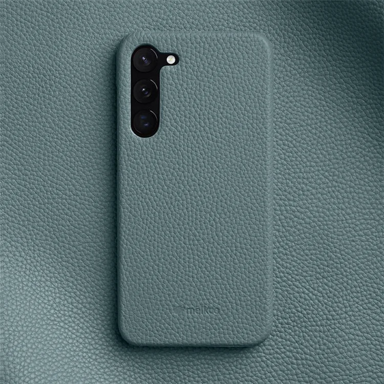 MELKCO Para Samsung Galaxy S23+ Capa Traseira de Couro Genuíno de Vaca Revestido de PC Invólucro de Telefone Incompleto - Azul