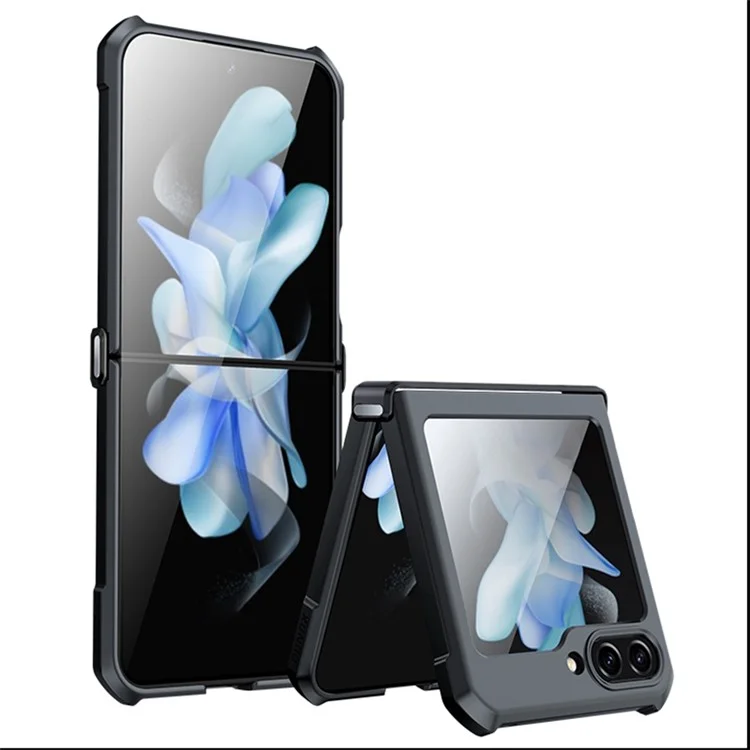 XUNDD For Samsung Galaxy Z Flip5 5G Acrylic+TPU Phone Case with Glass+Protective Bar - Black Laser Texture