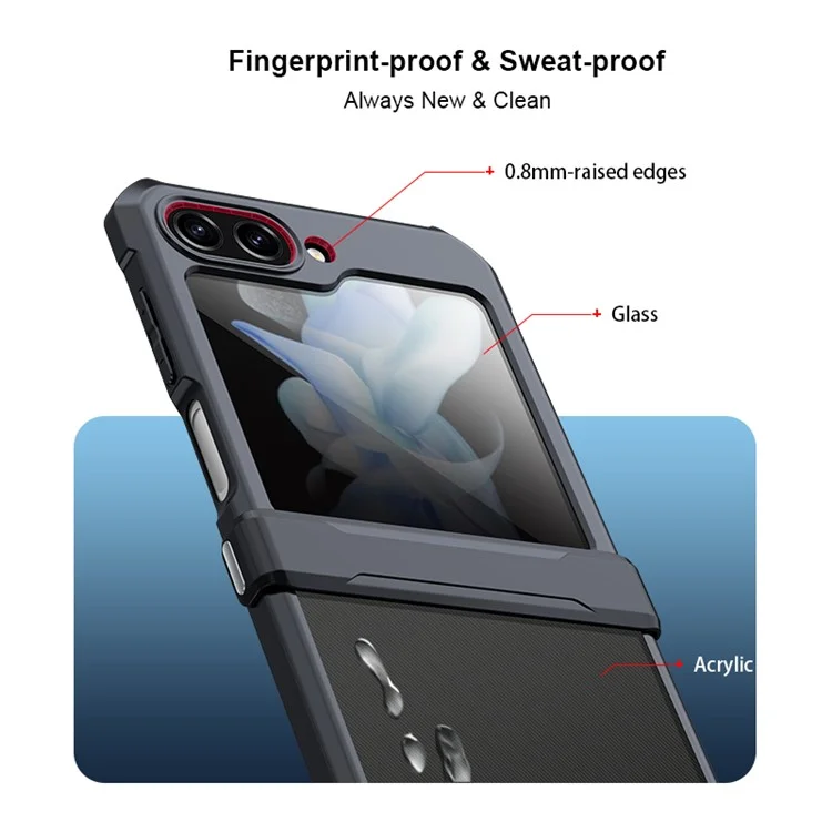 XUNDD For Samsung Galaxy Z Flip5 5G Acrylic+TPU Phone Case with Glass+Protective Bar - Black Laser Texture