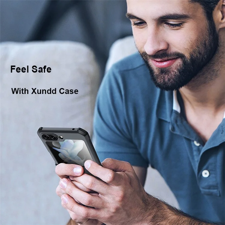 XUNDD For Samsung Galaxy Z Flip5 5G Acrylic+TPU Phone Case with Glass+Protective Bar - Black Laser Texture