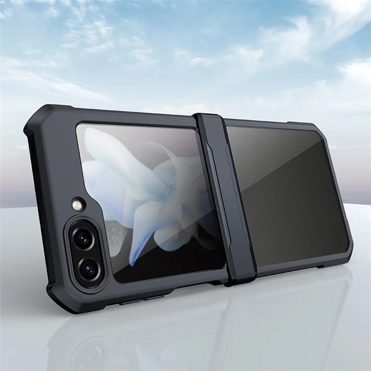 XUNDD For Samsung Galaxy Z Flip5 5G Acrylic+TPU Phone Case with Glass+Protective Bar - Black Laser Texture