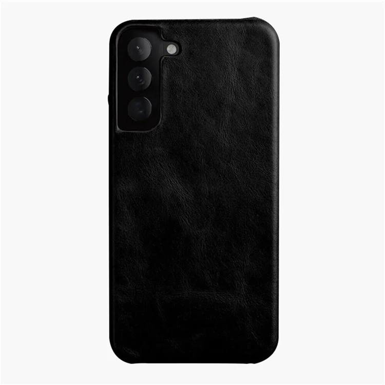 MELKCO Incomplete Case for Samsung Galaxy S22 5G Anti-drop Waxy Genuine Cow Leather Coated PC Case - Black