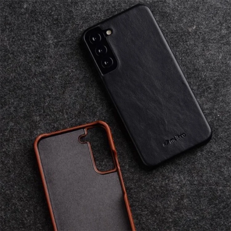MELKCO Incomplete Case for Samsung Galaxy S22 5G Anti-drop Waxy Genuine Cow Leather Coated PC Case - Black