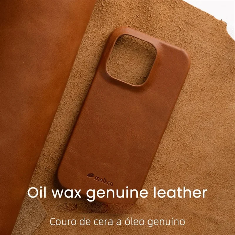MELKCO Para iPhone 14 Pro Incomplete Waxy Genuine Cow Leather Coated PC Case Phone Guard Cover - Marrón