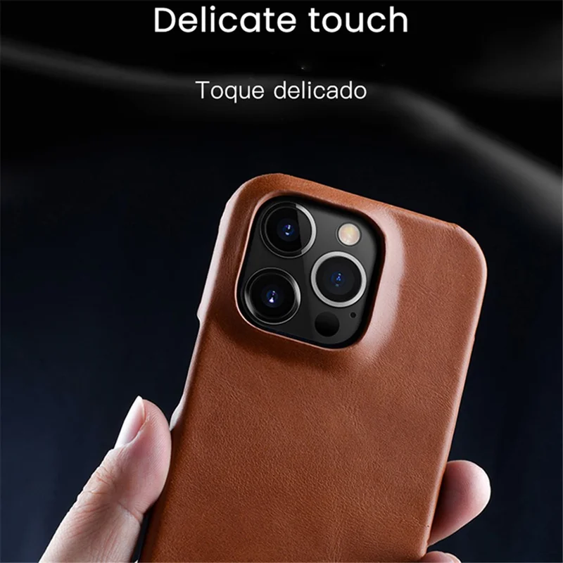 MELKCO Para iPhone 14 Pro Incomplete Waxy Genuine Cow Leather Coated PC Case Phone Guard Cover - Marrón