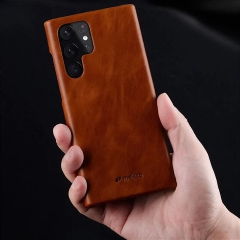 MELKCO For Samsung Galaxy S22 Ultra 5G Genuine Cow Leather Coated PC Case Incomplete Waxy Phone Cover - Brown