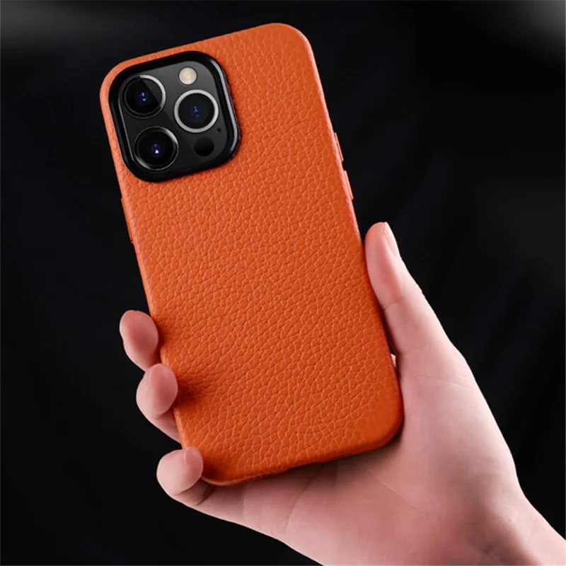 MELKCO For iPhone 13 Pro Max 6.7 inch Shockproof Case Metal Lens Frame+Genuine Cow Leather+Microfiber Leather+PC Phone Shell - Dark Blue