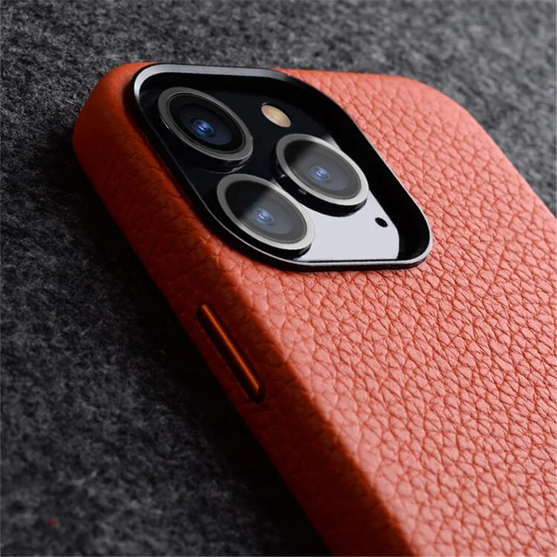 MELKCO For iPhone 13 Pro Max 6.7 inch Shockproof Case Metal Lens Frame+Genuine Cow Leather+Microfiber Leather+PC Phone Shell - Dark Blue