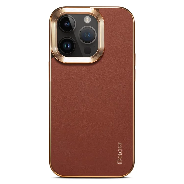 DENIOR для iPhone 12 Pro Max Genuine Cow Leather+PC Phone Case Electroplating Protective Cover - Коричневый