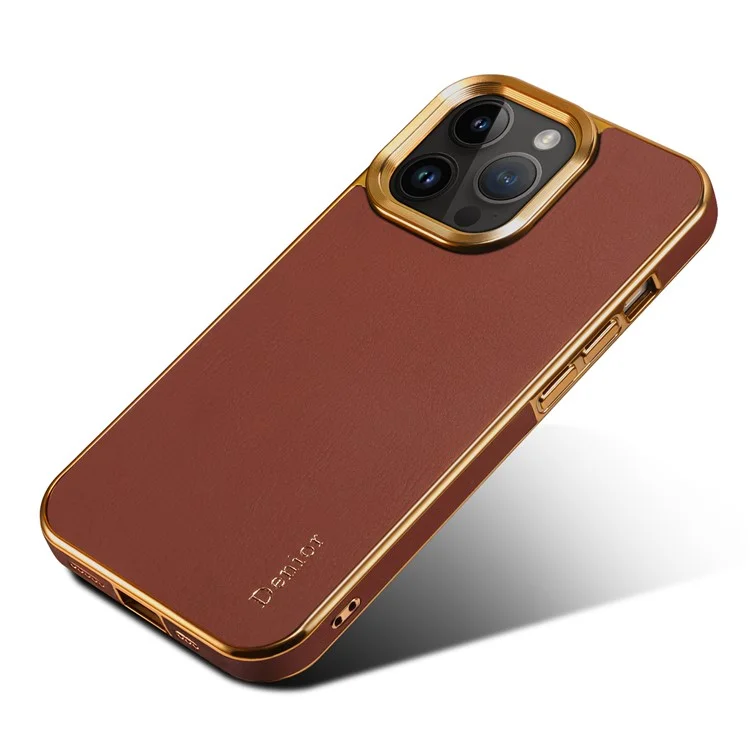 DENIOR для iPhone 12 Pro Max Genuine Cow Leather+PC Phone Case Electroplating Protective Cover - Коричневый