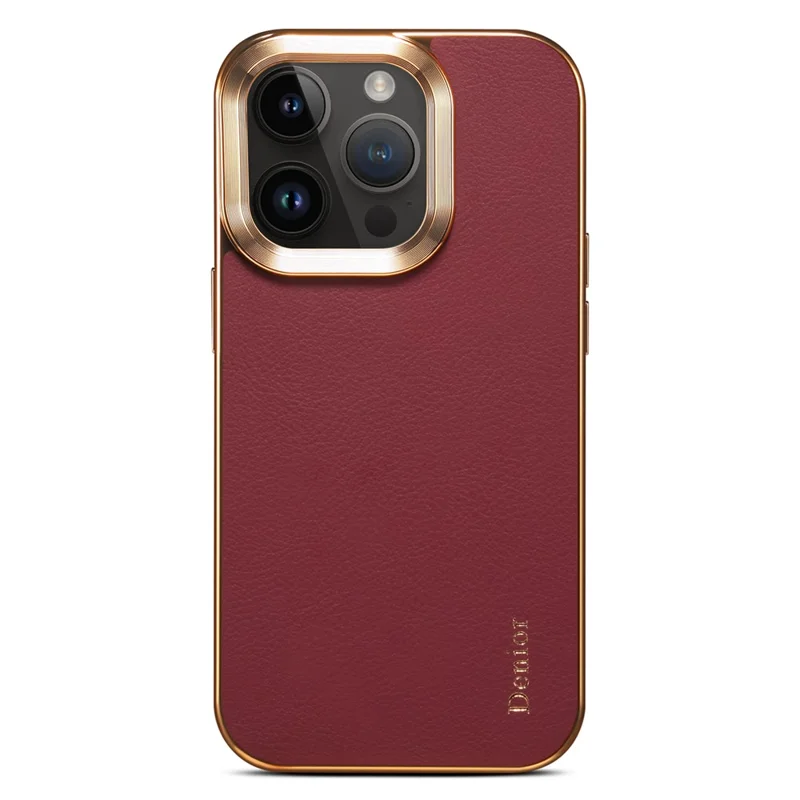 DENIOR For iPhone 12 Pro Max Genuine Cow Leather+PC Phone Case Electroplating Protective Cover - Red