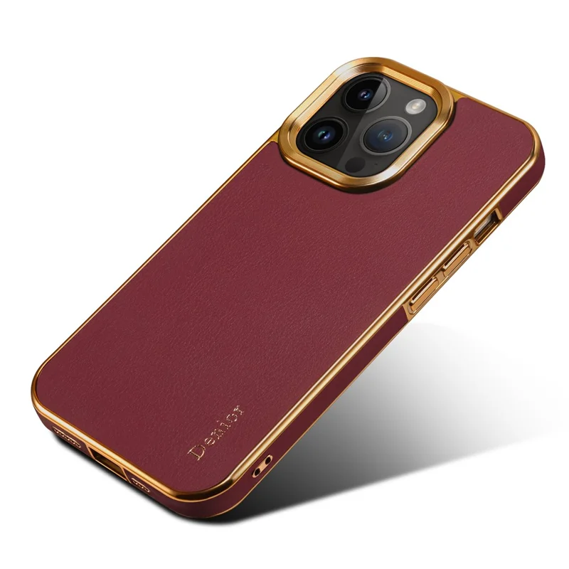 DENIOR For iPhone 12 Pro Max Genuine Cow Leather+PC Phone Case Electroplating Protective Cover - Red