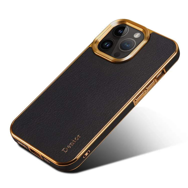 DENIOR Per iPhone 13 Pro Custodia Posteriore in Vera Pelle Bovina Rivestita in PC Elettroplaccato Protettiva - Nero