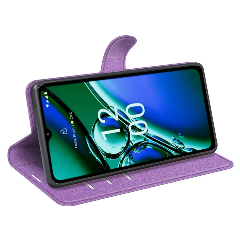 Para Nokia G42 Funda Protectora de Cartera de Piel de Textura de Lichí Soporte de Teléfono Cubierta de Cuero PU Resistente a los Arañazos - Púrpura