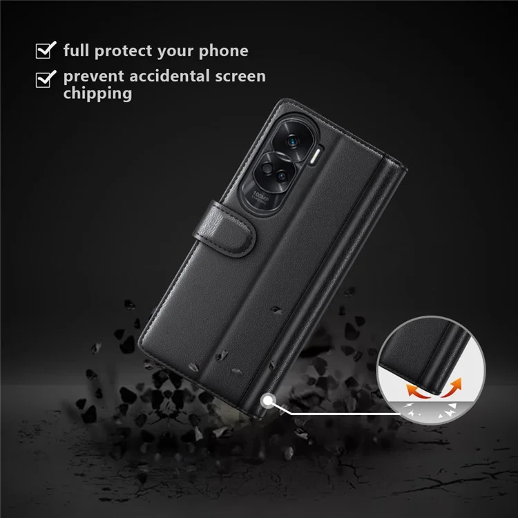 For Honor 90 Lite 5G / X50i 5G Custodia Protettiva in Pelle Genuina Bifacciale con Supporto - Nero