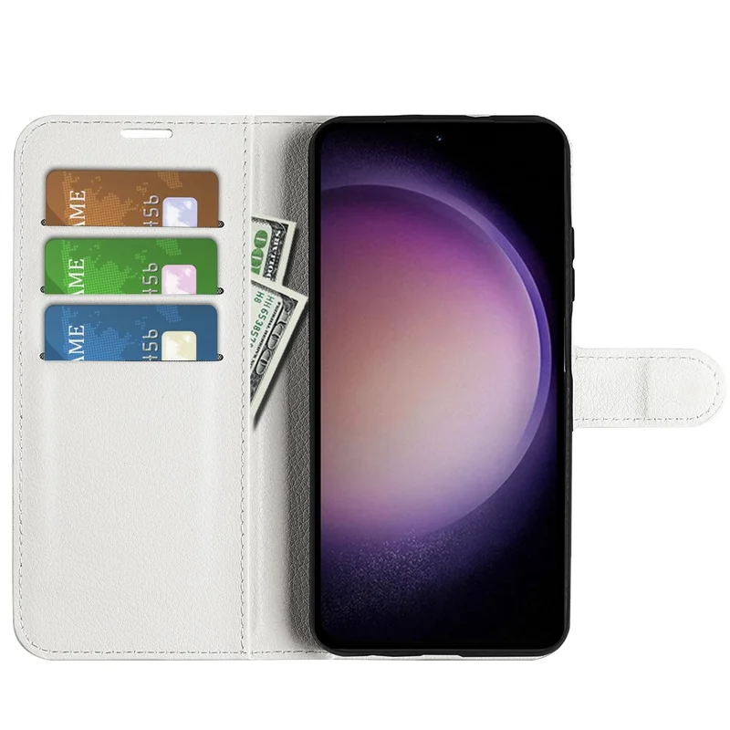 For Samsung Galaxy S23 FE Litchi Texture Magnetic Clasp Stand Cover PU Leather Wallet Phone Case - White