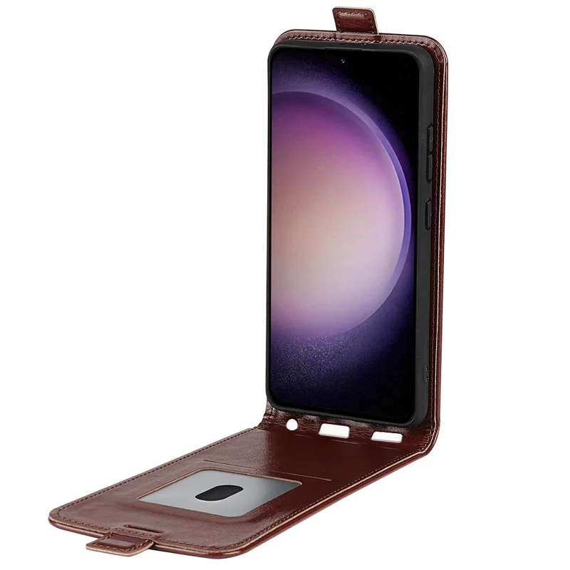 Para Samsung Galaxy S23 FE Vertical Flip PU Leather Phone Case Card Holder Drop-proof Cover - Marrón