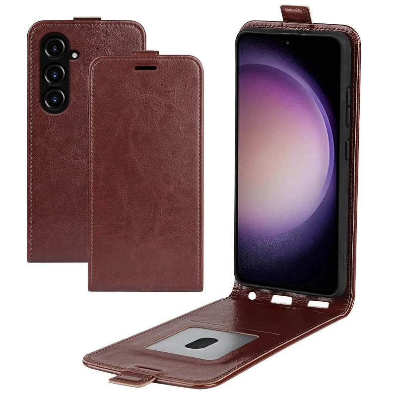 Para Samsung Galaxy S23 FE Vertical Flip PU Leather Phone Case Card Holder Drop-proof Cover - Marrón