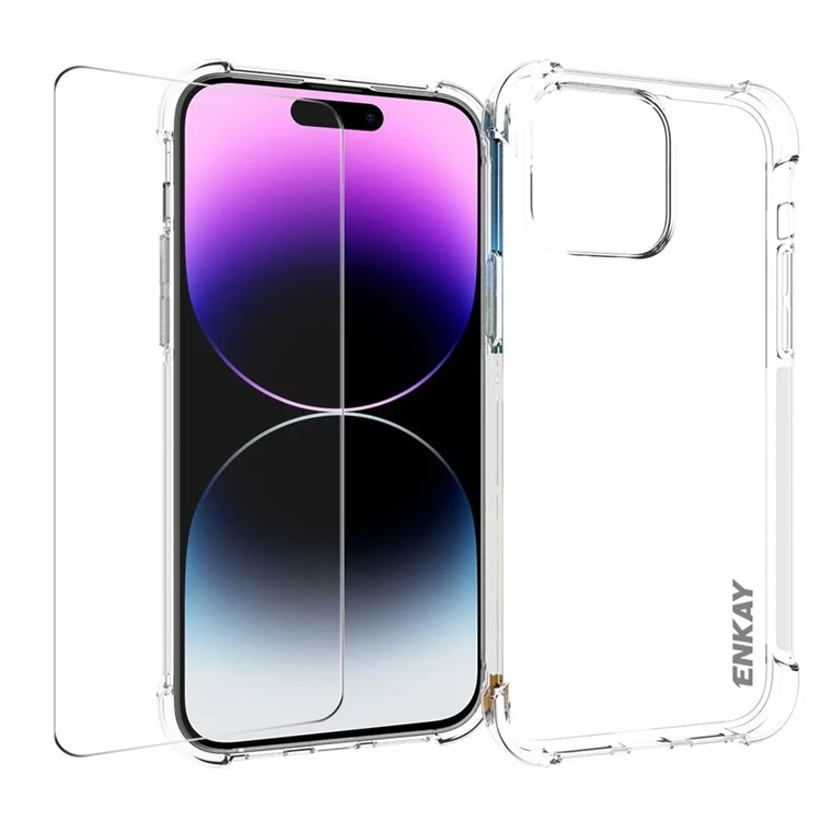 ENKAY HAT PRINCE For iPhone 15 Pro TPU Transparent Phone Case Cover with High Aluminium-silicon Glass Screen Film