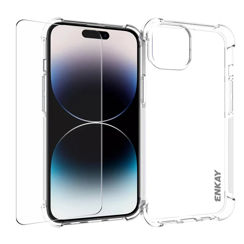 ENKAY HAT PRINCE Per custodia per telefono iPhone 15 Custodia TPU Transparente con pellicola protettiva per schermo in vetro di alta qualità in alluminio-silicio