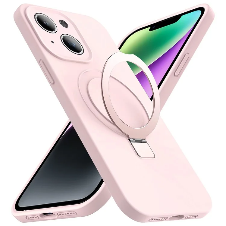 For iPhone 14 Magnetic Phone Case Hidden Kickstand Protective Cover Shockproof Liquid Silicone Shell - Pink