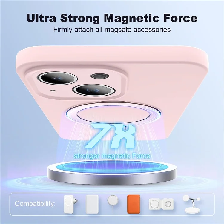 For iPhone 14 Magnetic Phone Case Hidden Kickstand Protective Cover Shockproof Liquid Silicone Shell - Pink
