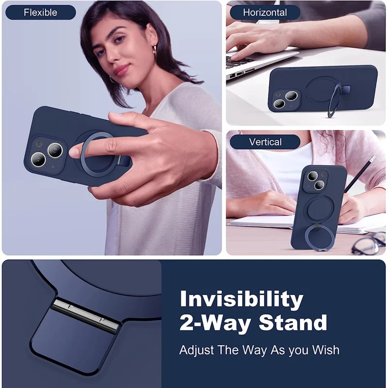 For iPhone 14 Magnetic Phone Case Hidden Kickstand Protective Cover Shockproof Liquid Silicone Shell - Navy Blue
