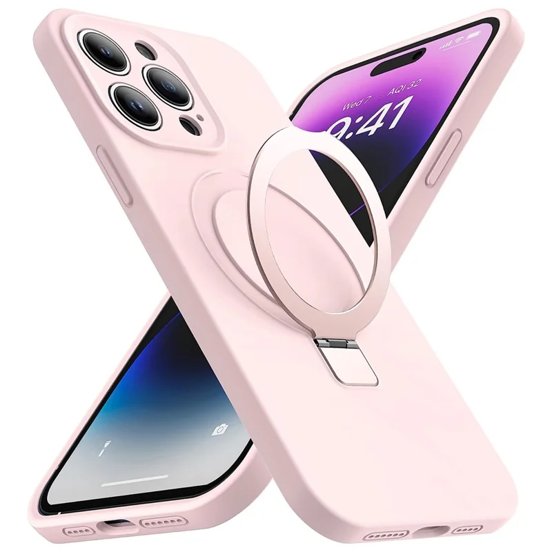 For iPhone 14 Pro Shockproof Liquid Silicone Magnetic Phone Case Kickstand Protective Cover - Pink