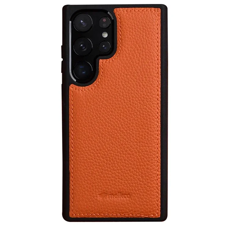 MELKCO Für Samsung Galaxy S23 Ultra Handyhülle Echtes Rindsleder beschichtet Hartplastik-Slim-Case - Orange
