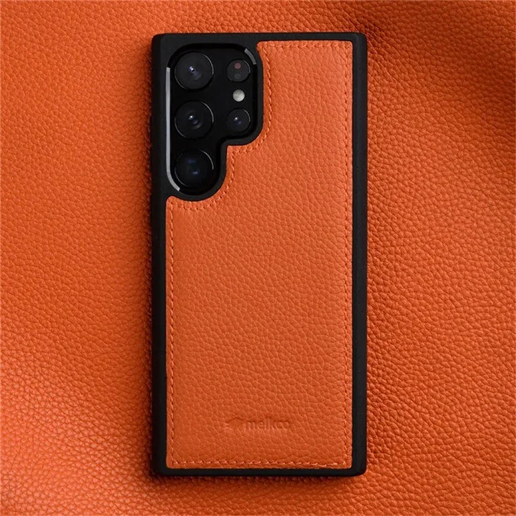 MELKCO Für Samsung Galaxy S23 Ultra Handyhülle Echtes Rindsleder beschichtet Hartplastik-Slim-Case - Orange