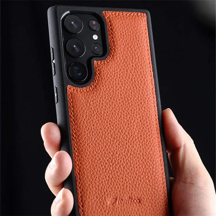 MELKCO Für Samsung Galaxy S23 Ultra Handyhülle Echtes Rindsleder beschichtet Hartplastik-Slim-Case - Orange