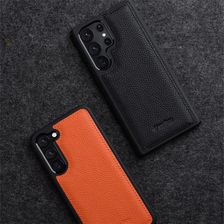 MELKCO Für Samsung Galaxy S23 Ultra Handyhülle Echtes Rindsleder beschichtet Hartplastik-Slim-Case - Orange