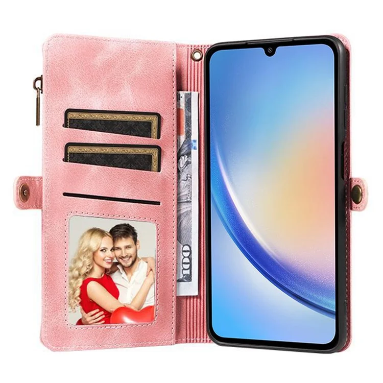 Para Samsung Galaxy A34 5G Zipper Pocket Wallet Phone Cover RFID Blocking Stand Leather Case with Strap - Pink