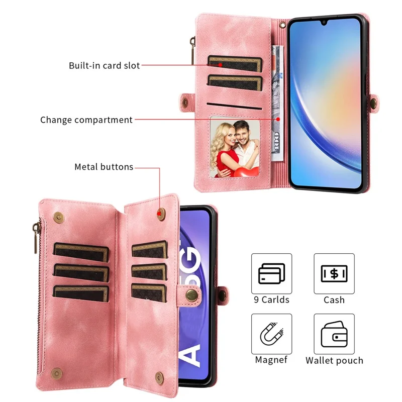 Para Samsung Galaxy A34 5G Zipper Pocket Wallet Phone Cover RFID Blocking Stand Leather Case with Strap - Pink