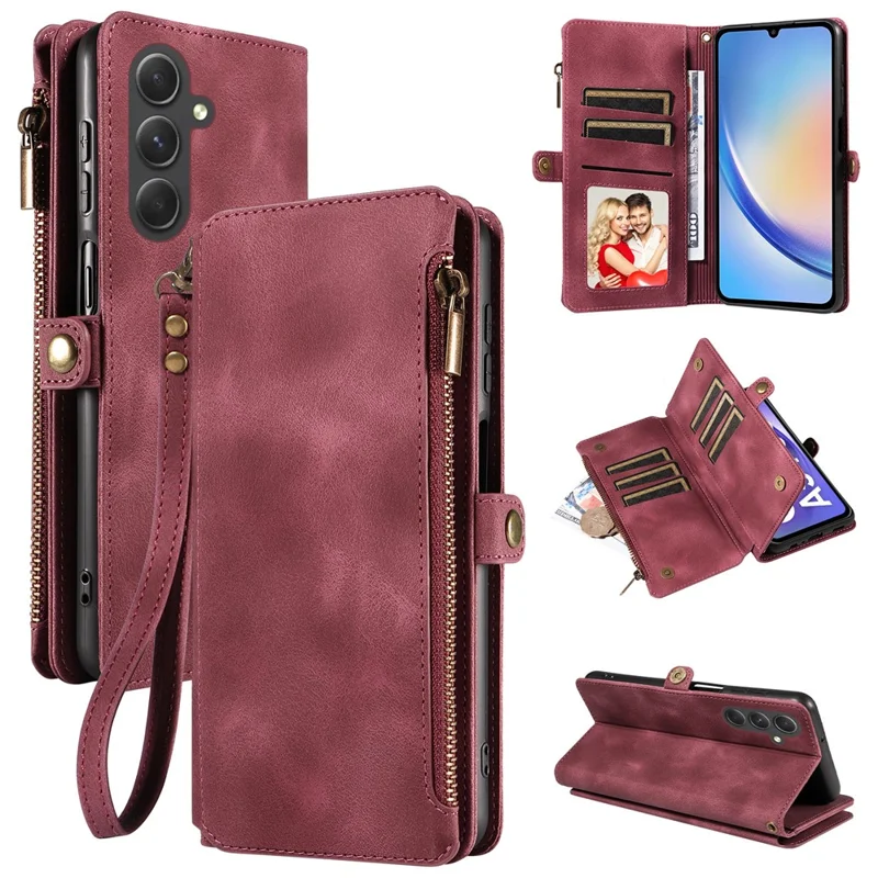 For Samsung Galaxy A34 5G Zipper Pocket Wallet Phone Cover RFID Blocking Stand Leather Case with Strap - Red