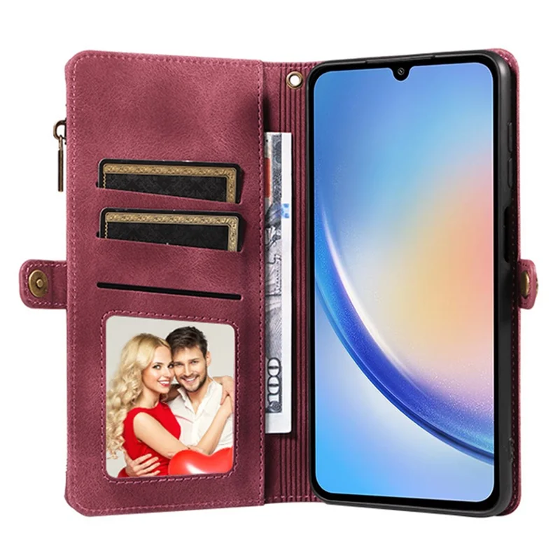 For Samsung Galaxy A34 5G Zipper Pocket Wallet Phone Cover RFID Blocking Stand Leather Case with Strap - Red