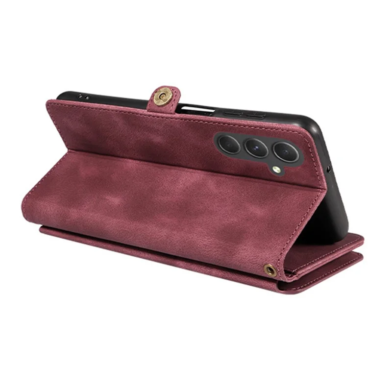 For Samsung Galaxy A34 5G Zipper Pocket Wallet Phone Cover RFID Blocking Stand Leather Case with Strap - Red