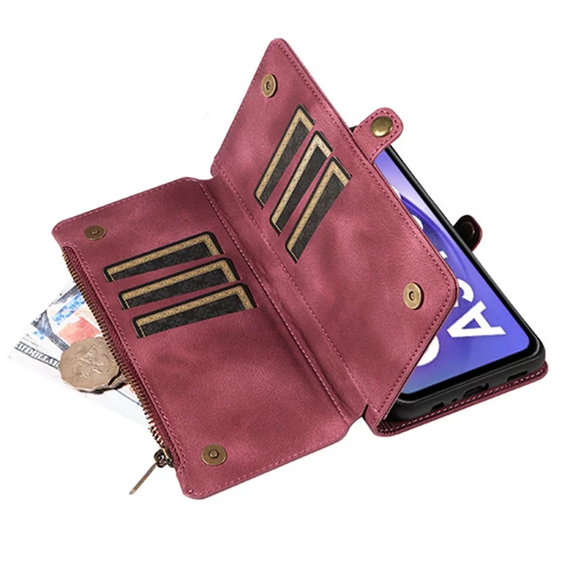 For Samsung Galaxy A34 5G Zipper Pocket Wallet Phone Cover RFID Blocking Stand Leather Case with Strap - Red
