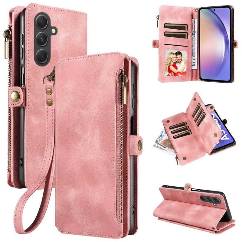 Pour Samsung Galaxy A54 5G Zipper Pocket Wallet Stand Leather Case Anti-fall Phone Cover avec Strap - Rose