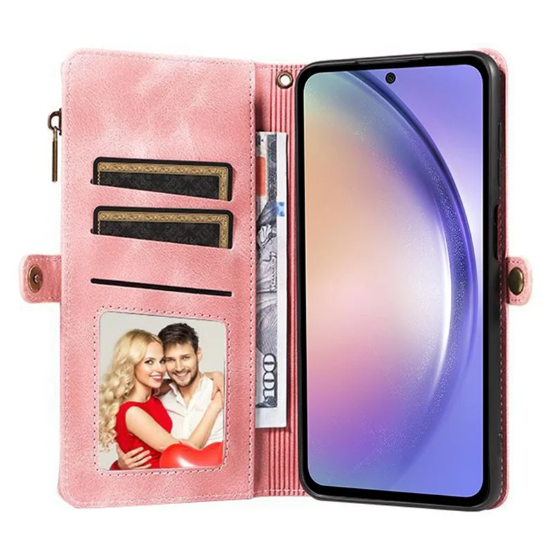 Pour Samsung Galaxy A54 5G Zipper Pocket Wallet Stand Leather Case Anti-fall Phone Cover avec Strap - Rose
